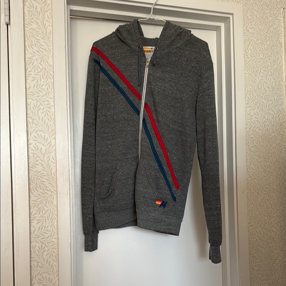 RARE Surf - Aviator Nation Gray and Red Zip Up Sweater with Diagonal Stripes